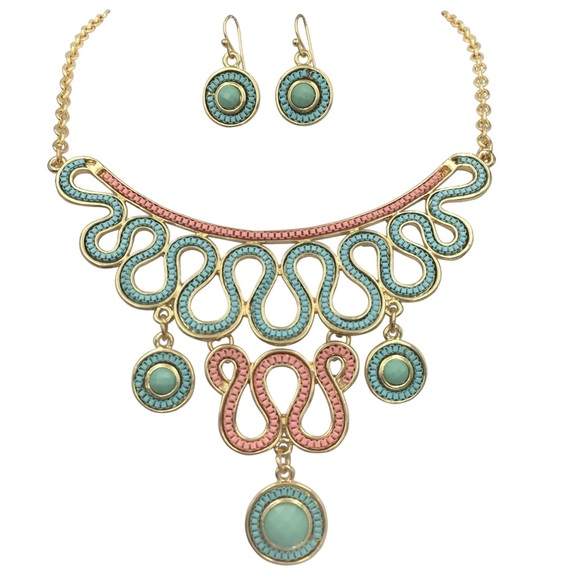 Fashion Jewelry Jewelry - Pink & Mint Green Bib Necklace Earrings Set